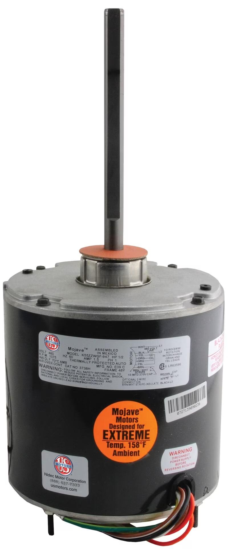 Rheem Condenser Motor - 1/2 HP, 1 Phase, 1 Speed, 460V, 1075 RPM - 3738H