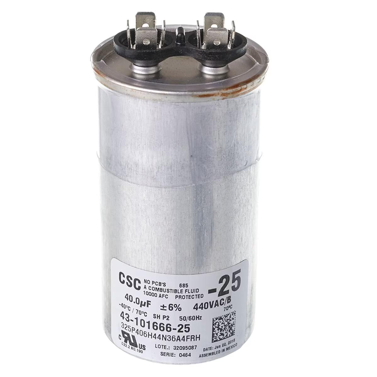 Protech Single Round Capacitor - 40 uF, 440 VAC, 2.090 x 4.920 (max.) in. - 43-101666-25