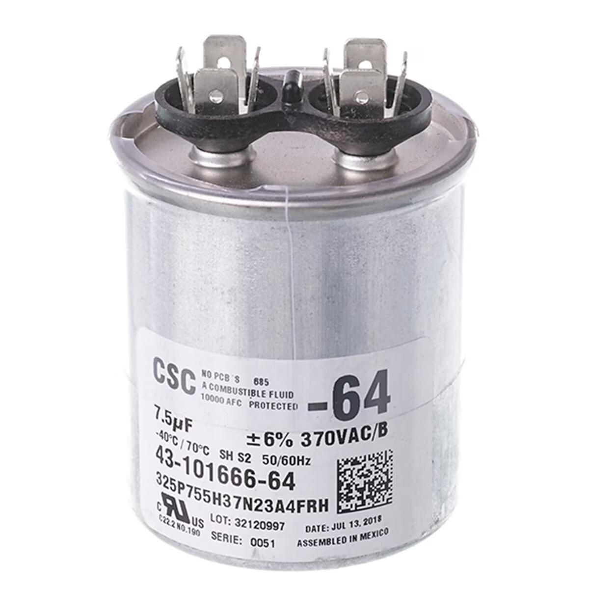 Protech Single Round Capacitor - 7.5 uF, 370 VAC, 2.120 x 2.435 (max.) in. - 43-101666-64