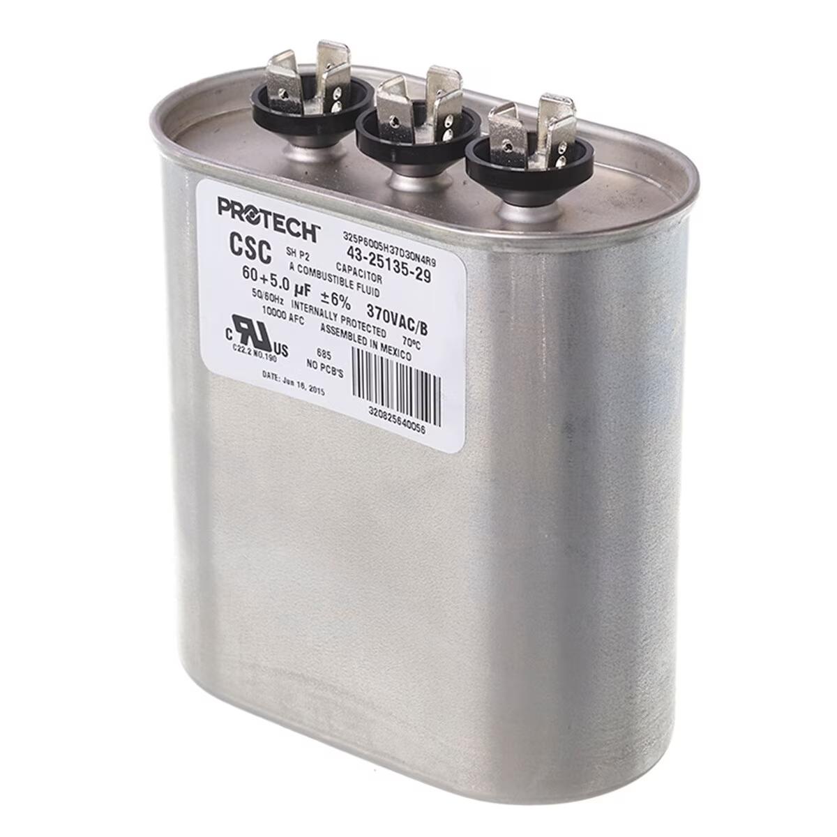 Protech Dual Oval Capacitor - 60/5 uF, 370 VAC, 1.970 x 3.670 x 4.680 (max.) in. - 43-25135-29