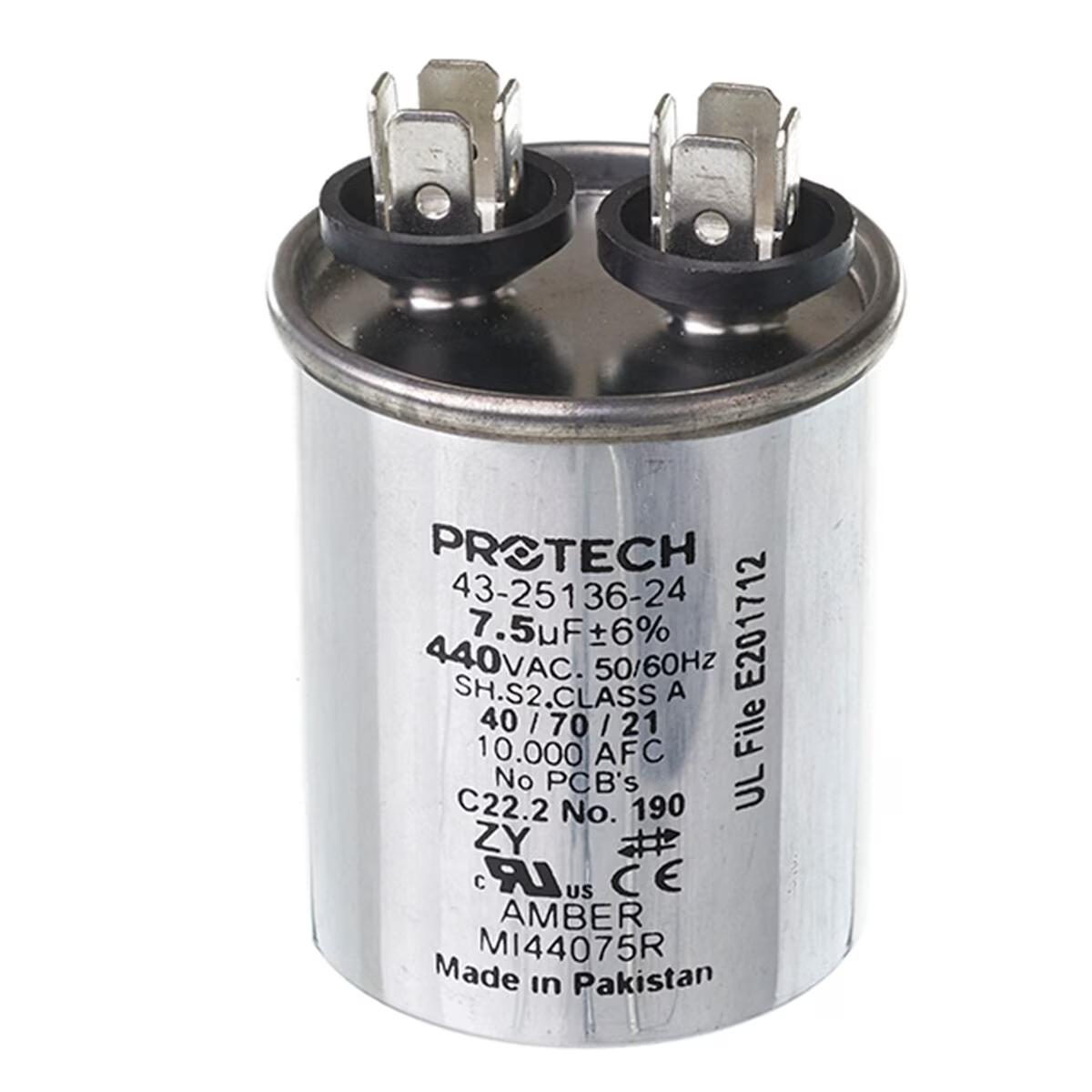 Protech Single Round Capacitor - 7.5 uF, 440 VAC, 1.890 x 2.170 (max.) in. - 43-25136-24