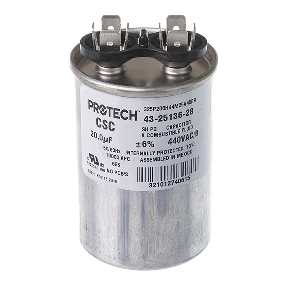 Protech Single Round Capacitor - 20 uF, 440 VAC, 1.890 x 2.950 (max.) in. - 43-25136-28