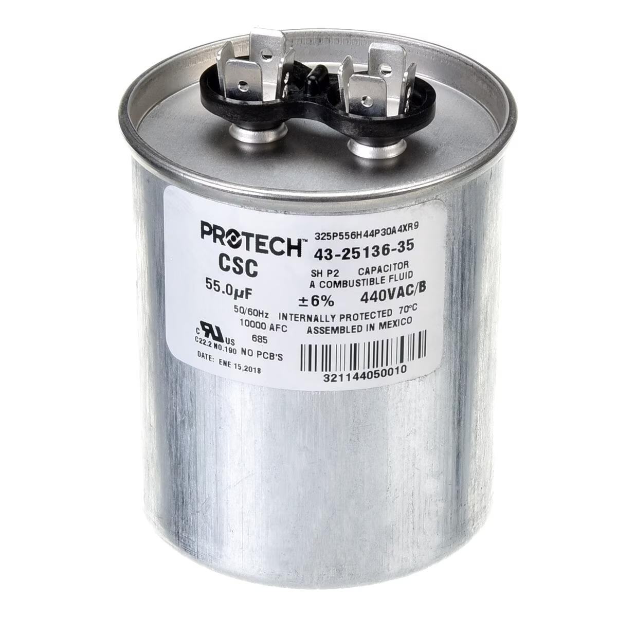 Protech Single Round Capacitor - 55 uF, 440 VAC, 2.620 x 3.940 (max.) in. - 43-25136-35