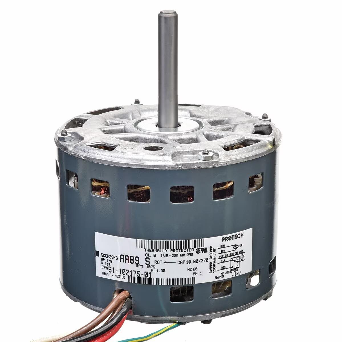 Rheem Blower Motor - 1/5 HP, 1 Phase, 2 Speed, 120V, 1075 RPM - 51-102175-01