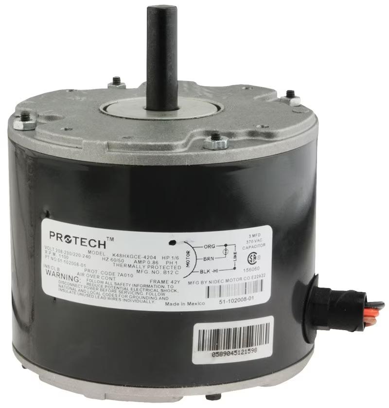 Rheem Condenser Motor - 1/6 HP, 1 Phase, 1 Speed, 230V, 1075 RPM - 51-102500-02