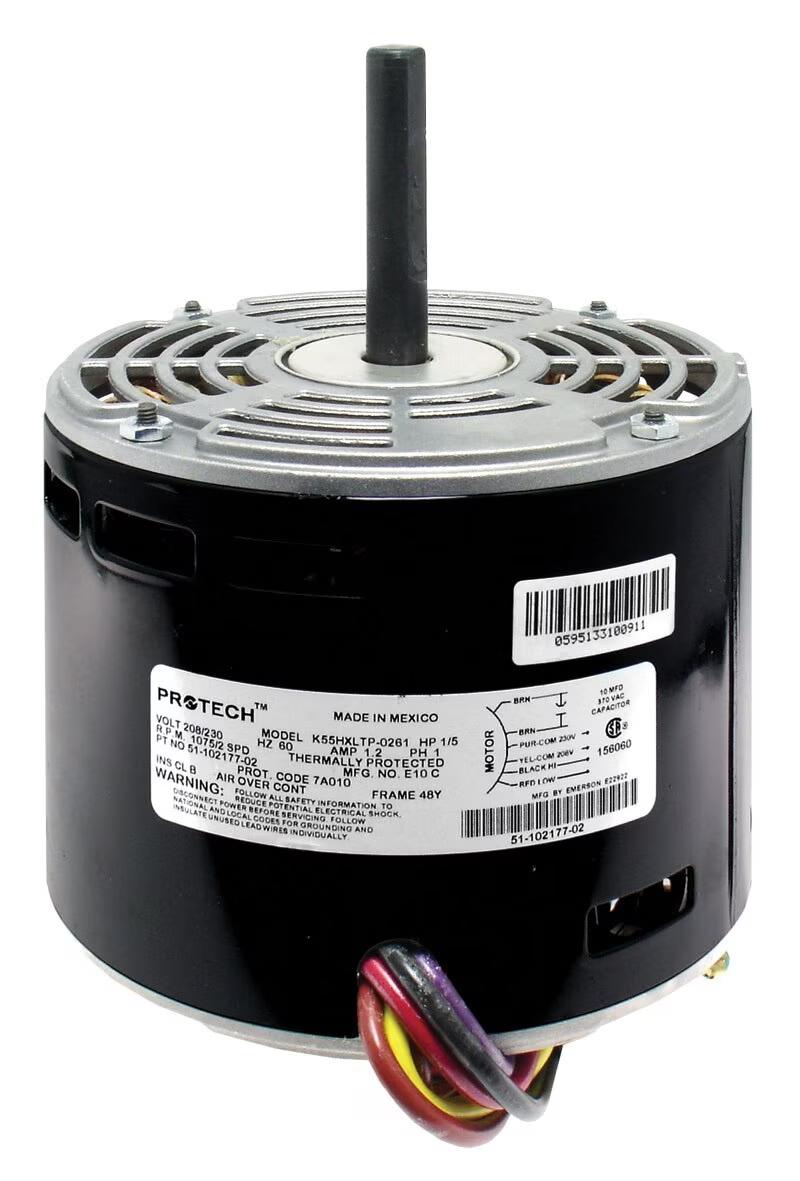 Rheem Blower Motor - 1/5 HP, 1 Phase, 2 Speed, 230V, 1075 RPM - 51-102500-07
