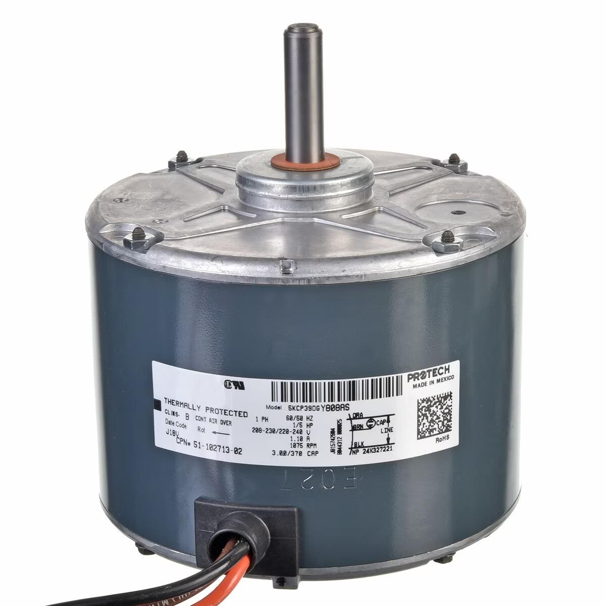 Rheem Condenser Motor - 1/5 HP, 1 Phase, 1 Speed, 208/220/230V, 1075 RPM - 51-102713-02