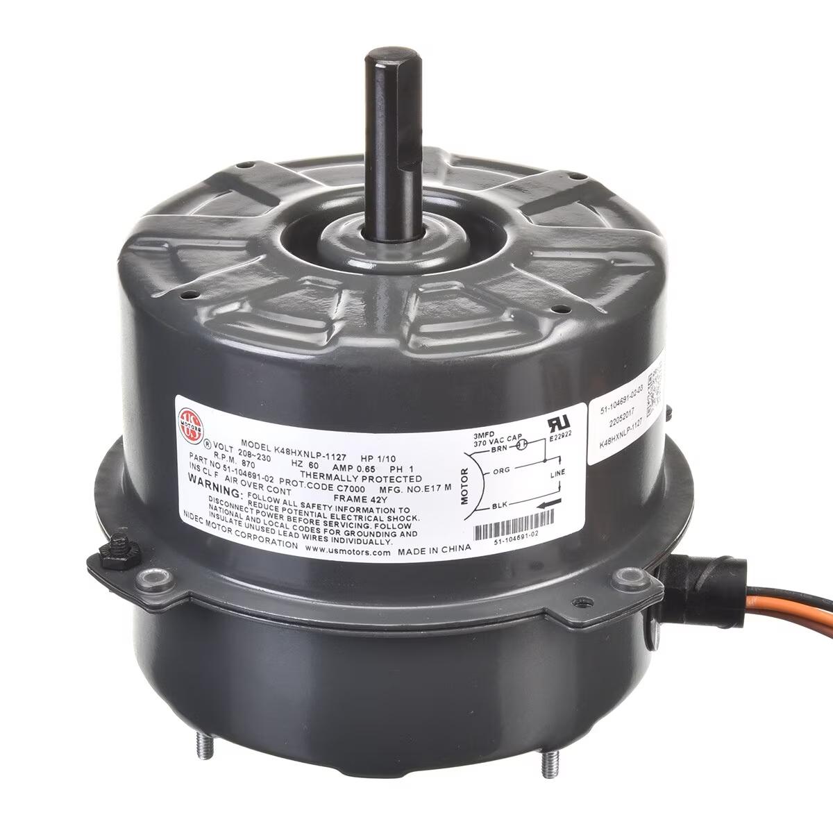 Rheem Condenser Motor - 1/10 HP, 1 Phase, 1 Speed, 208/230V, 825 RPM - 51-104691-02