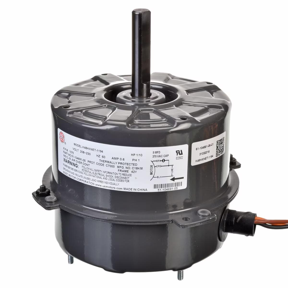 Rheem Condenser Motor - 1/10 HP, 1 Phase, 1 Speed, 208/230V, 1075 RPM - 51-104691-05