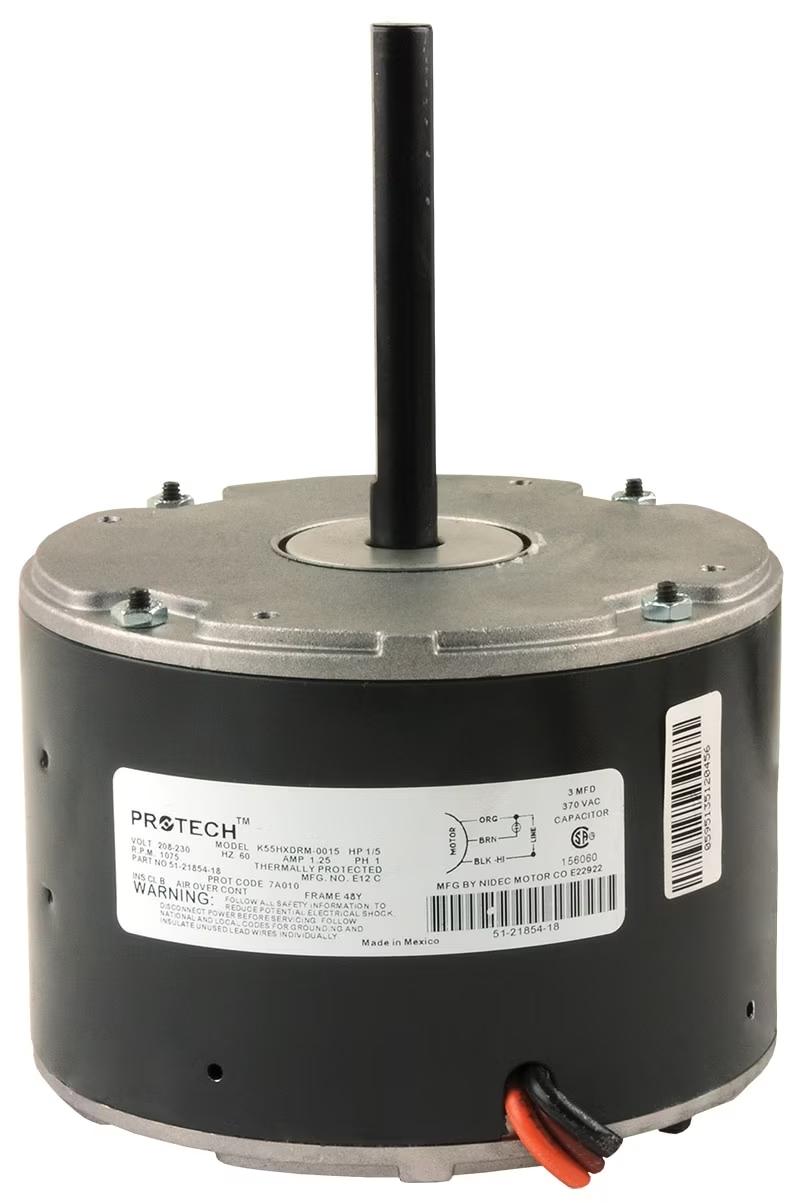 Rheem Condenser Motor - 1/5 HP, 1 Phase, 1 Speed, 208/230V, 1075 RPM - 51-21854-18