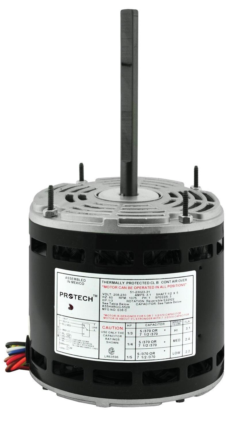 Protech Blower Motor - 1/3 HP, 1 Phase, 3 Speed, 208/230V, 1075 RPM - 51-23023-31