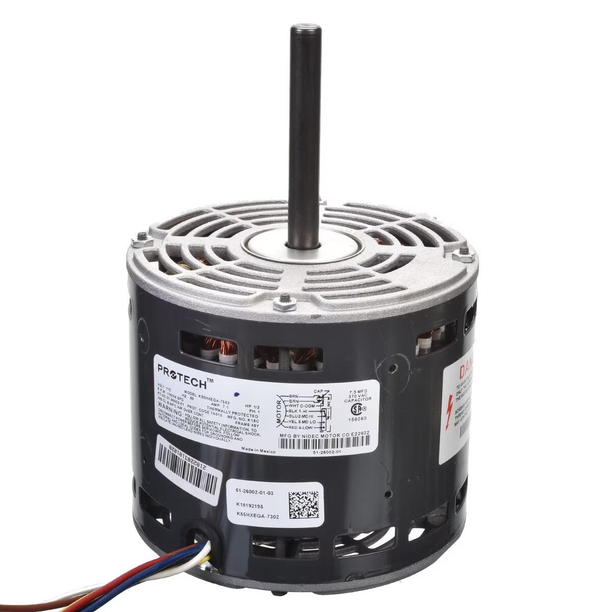 Rheem Blower Motor - 1/2 HP, 1 Phase, 4 Speed, 120V, 1075 RPM - 51-26002-01