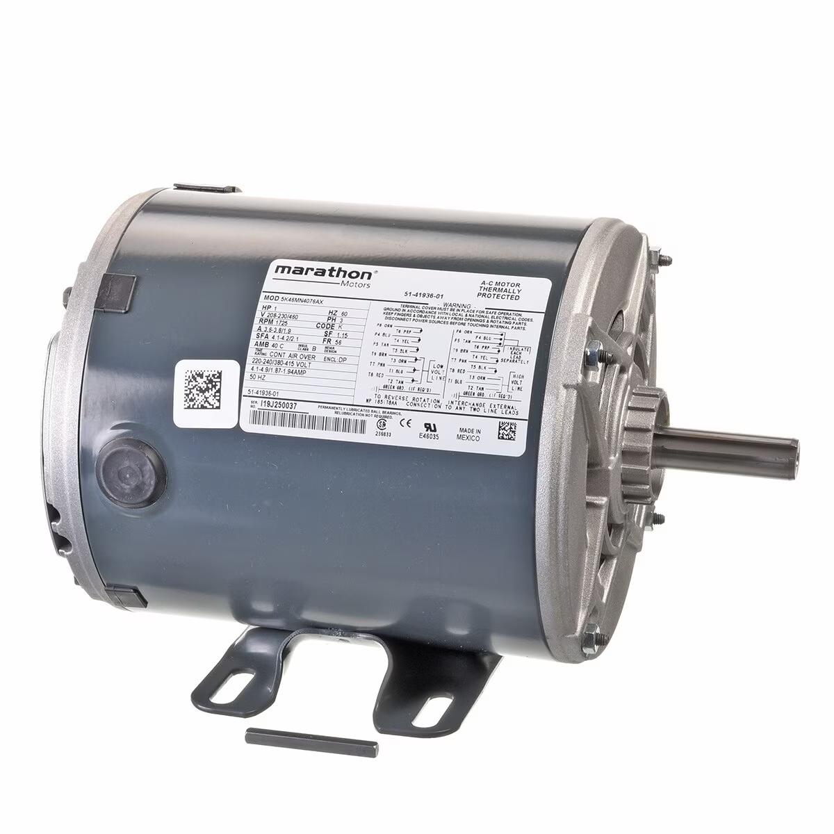 Rheem Blower Motor - 1 HP, 3 Phase, 1 Speed, 208/230/460V, 1725 RPM - 51-41936-01