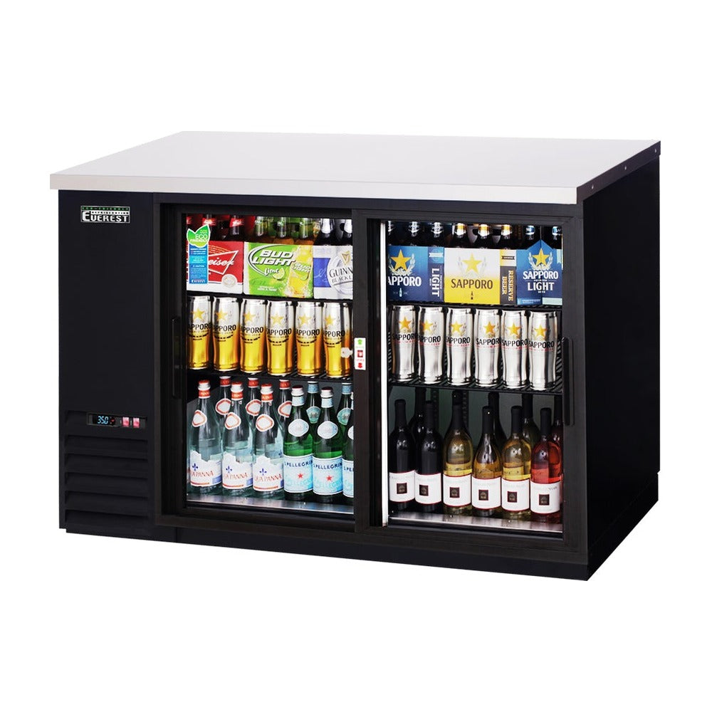 Everest 2 Deep Glass Sliding Door Side Mount Back Bar Cooler, 48" - Black Exterior, 13 cu. ft.