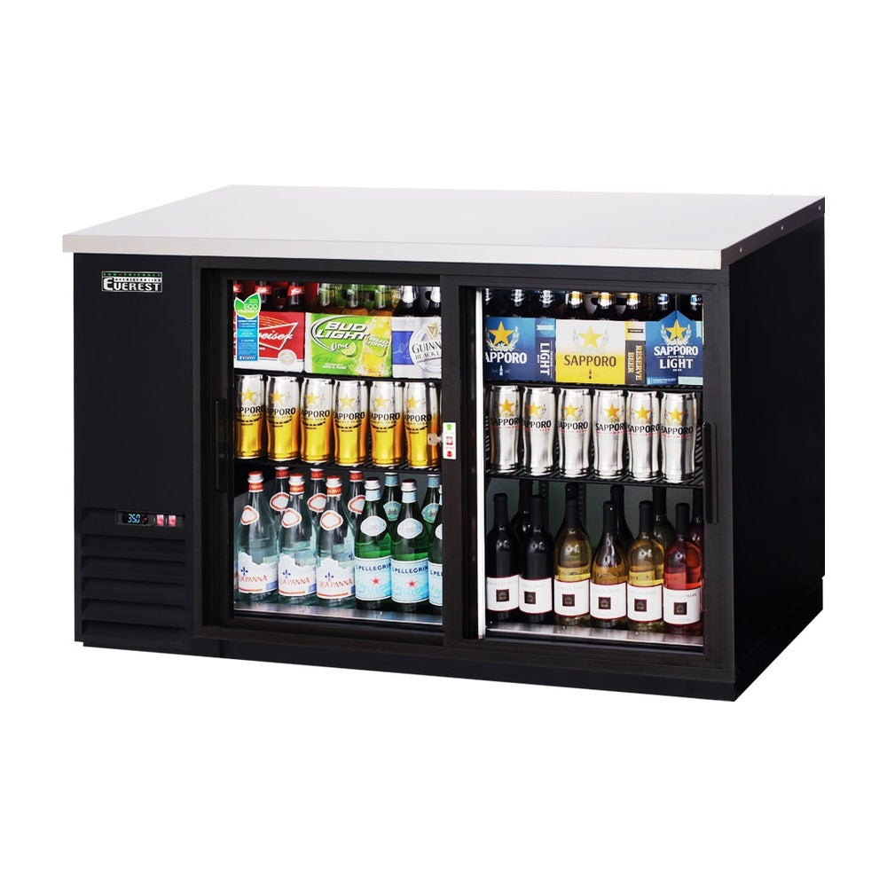 Everest 2 Deep Glass Sliding Door Side Mount Back Bar Cooler, 59" - Black Exterior, 17 cu. ft.