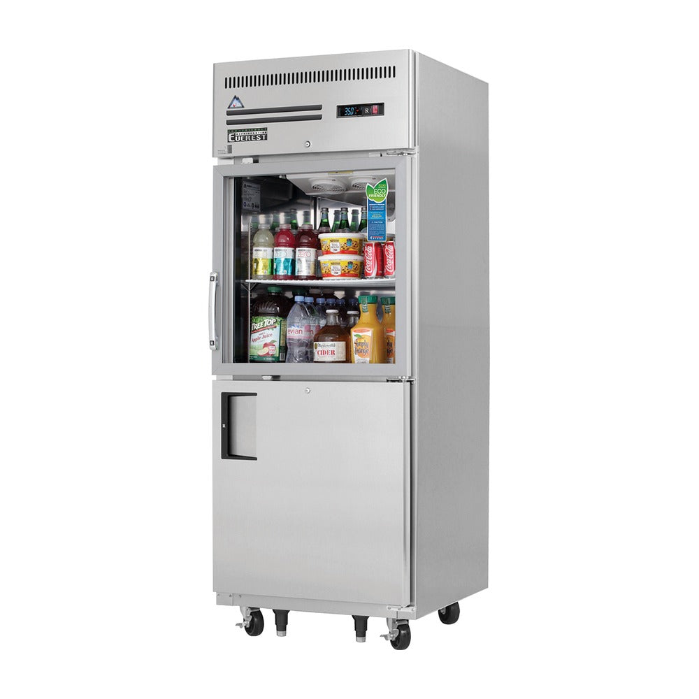 Everest 1 Section - 2 Half Door Top Mount Stainless Steel Reach-In Refrigerator,Top Glass & Bottom Solid, 29 1/4", 23 cu. ft.