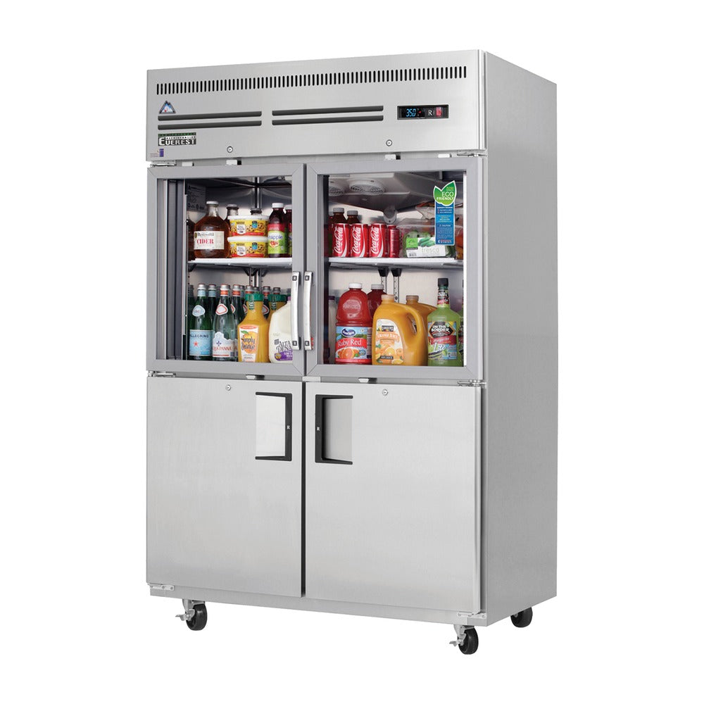 Everest 2 Section - 4 Half Door Top Mount Stainless Steel Reach-In Refrigerator, Top Glass & Bottom Solid, 49 3/4", 48 cu. ft.