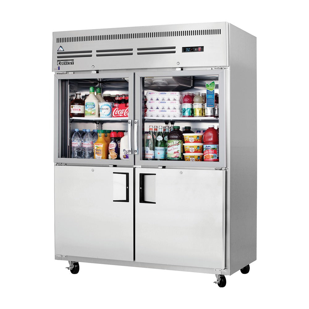 Everest 2 Wide Section - 4 Half Door Top Mount Stainless Steel Reach-In Refrigerator, Top Glass & Bottom Solid, 59", 55 cu. ft.
