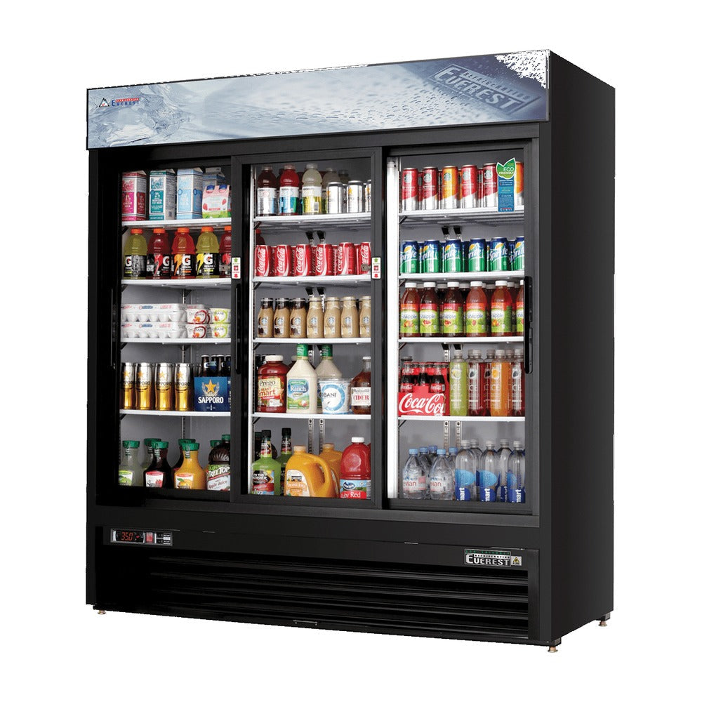 Everest 3 Door Bottom Mount Refrigerator Merchandiser (Sliding), 69 cu ft - Black Exterior