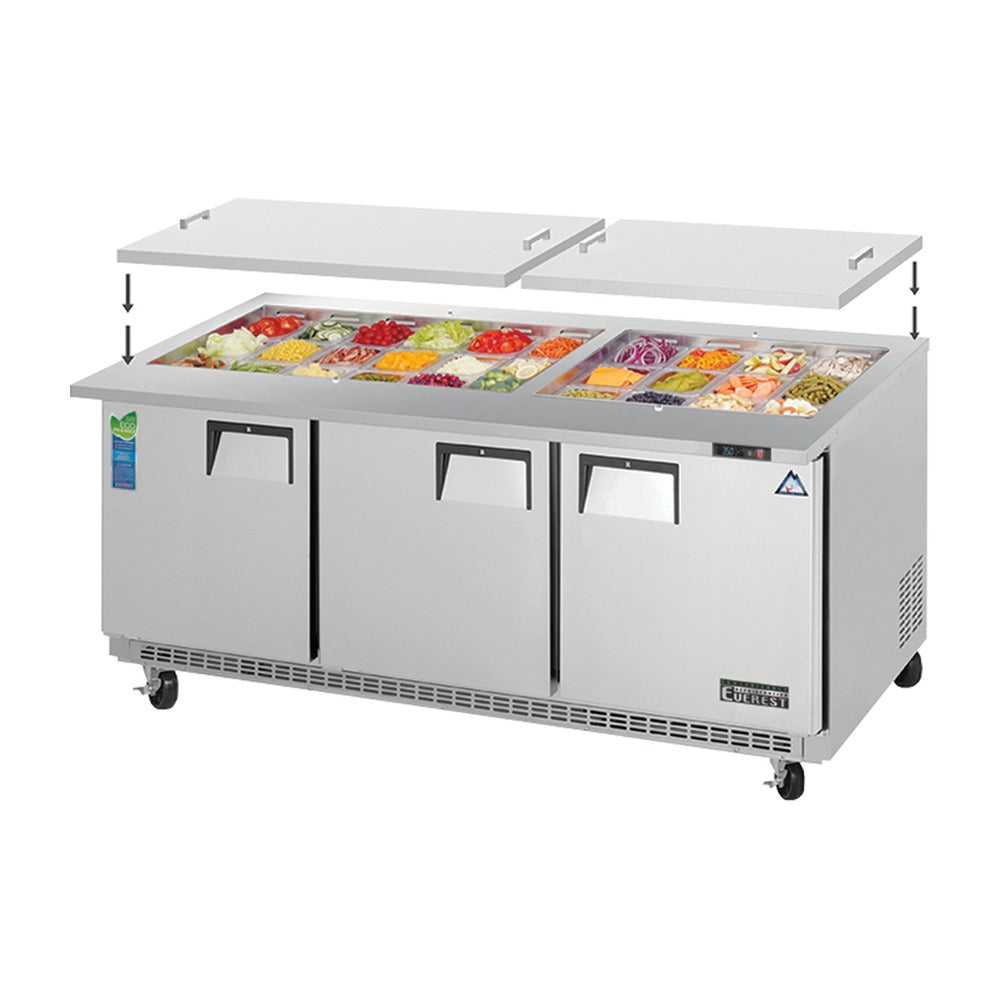 Everest 3 Solid Door Back Mount Stainless Steel Open Top Prep Table, 71 1/2" (Mega Top), 19 cu. ft.