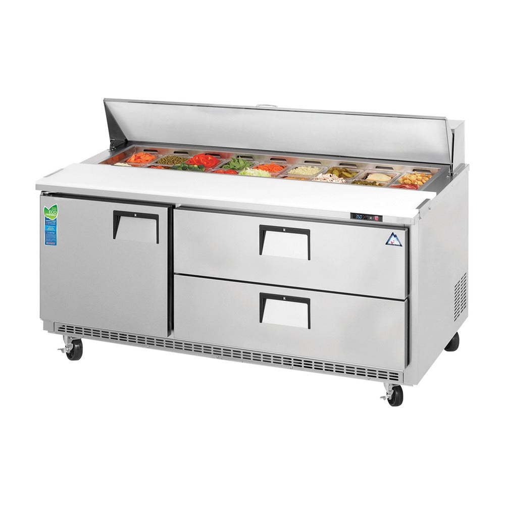 Everest 3 Section 1 Solid Door Back Mount Stainless Steel & 2 Drawer Sandwich Prep Table, 71 1/2", 19 cu. ft.