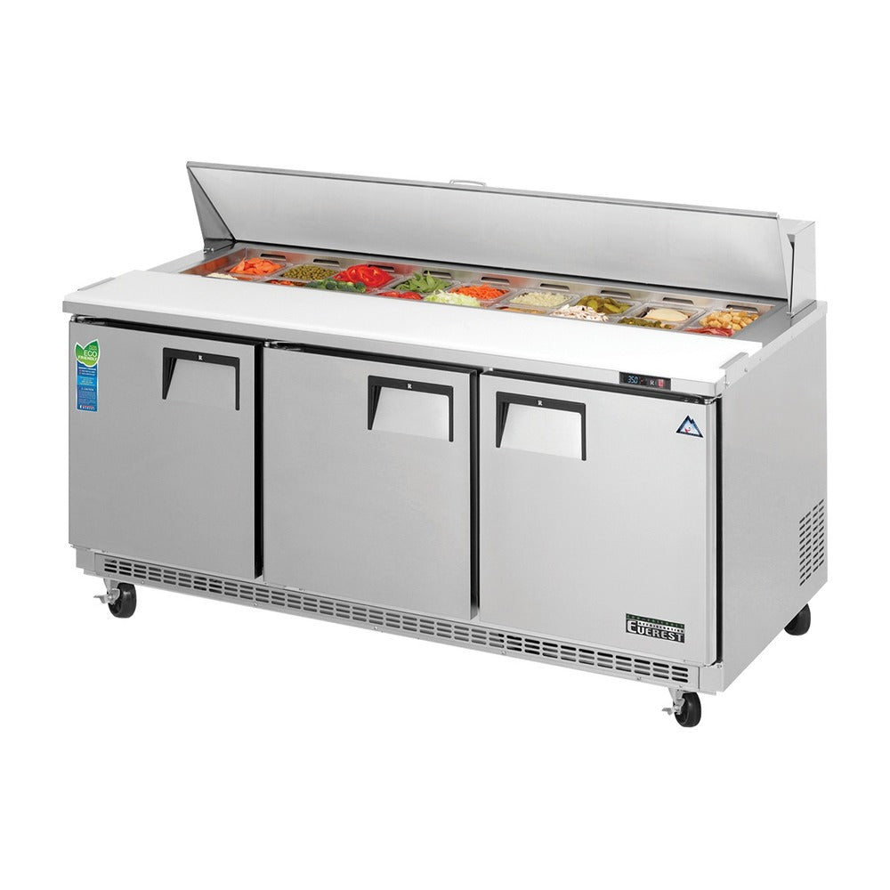 Everest 3 Solid Door Back Mount Stainless Steel Sandwich Prep Table, 71 1/2", 19 cu. ft.