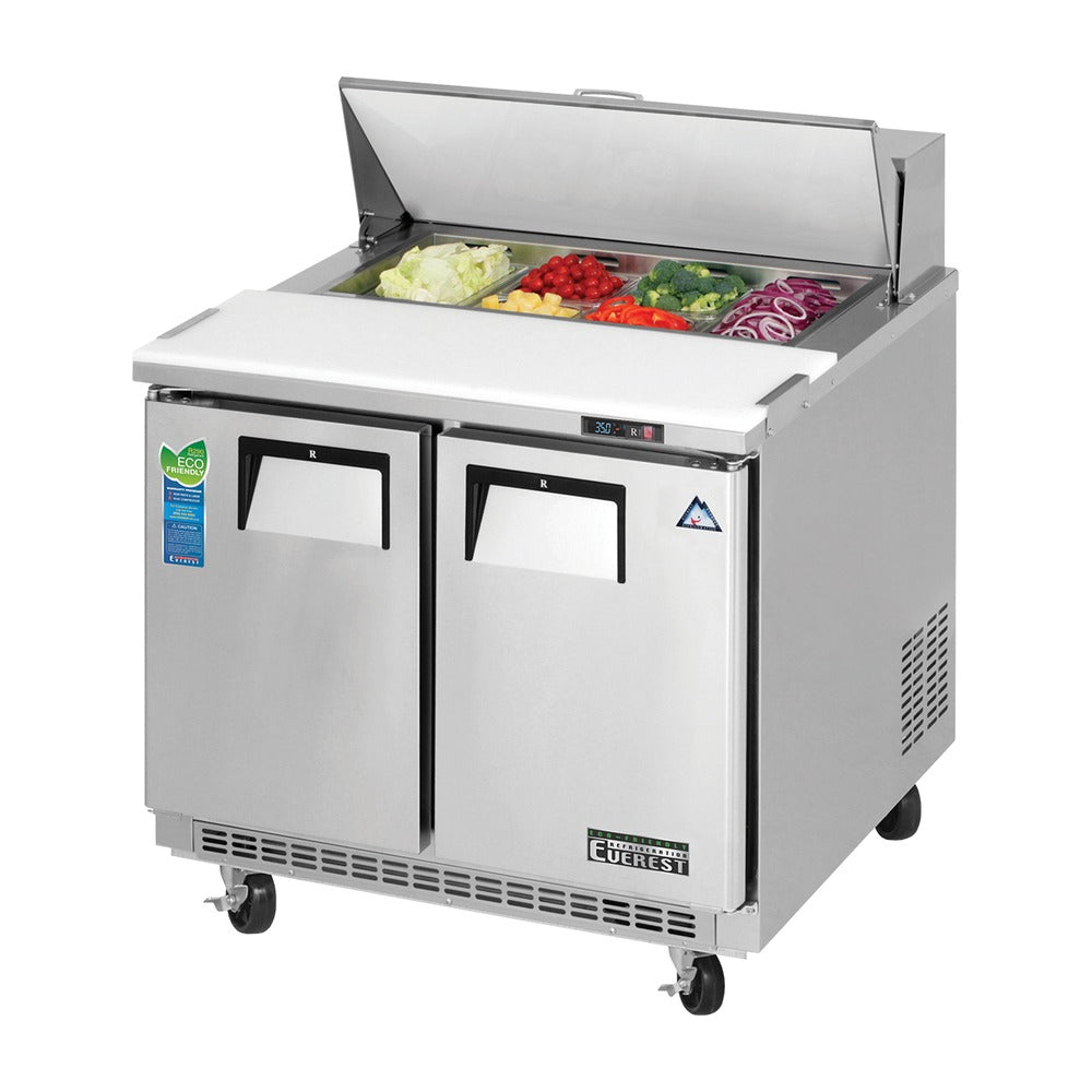 Everest 2 Solid Door Back Mount Stainless Steel Sandwich Prep Table, 35 1/2", 10 cu. ft.