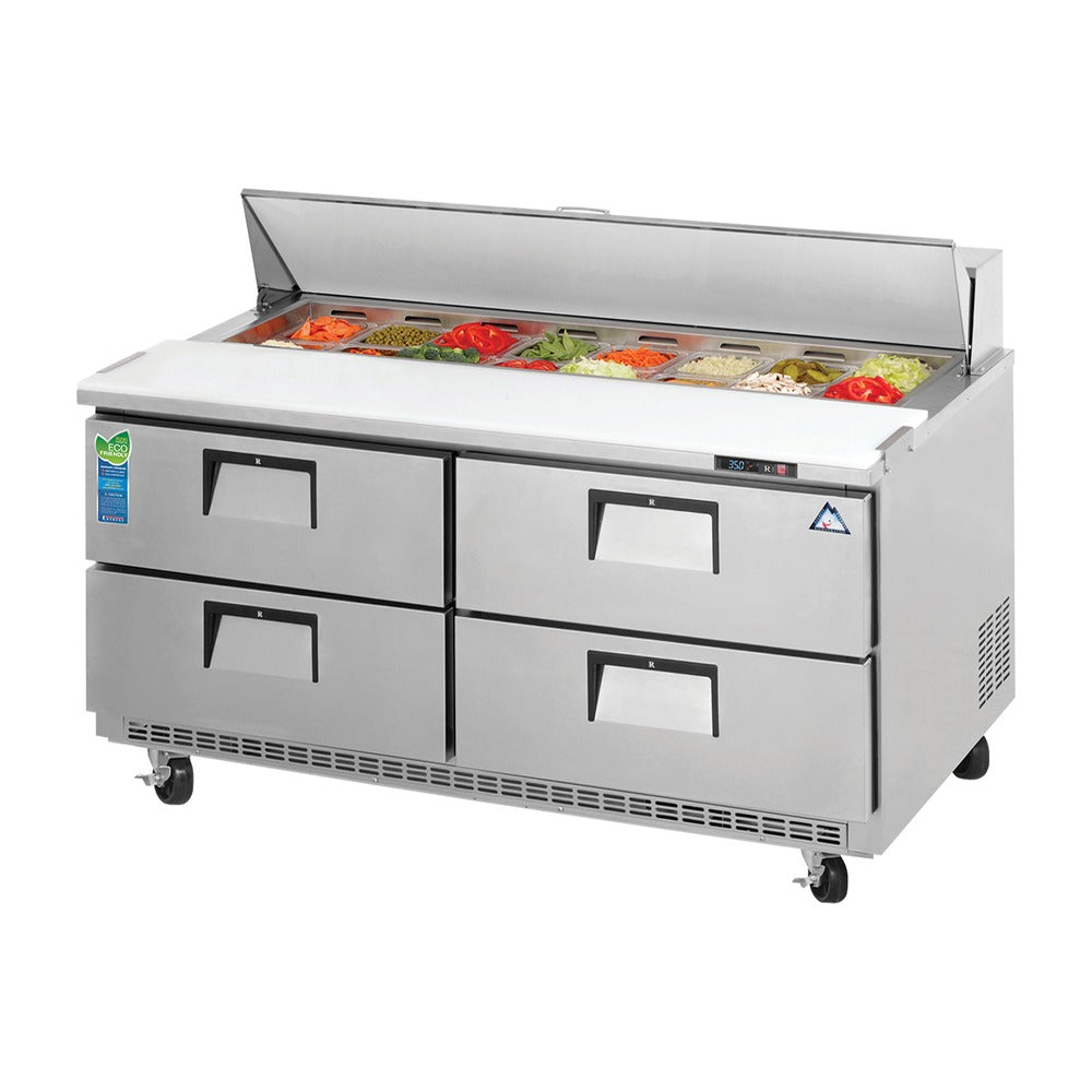 Everest 2 Section 4 Drawer Back Mount Stainless Steel Sandwich Prep Table, 59 1/2", 16 cu. ft.