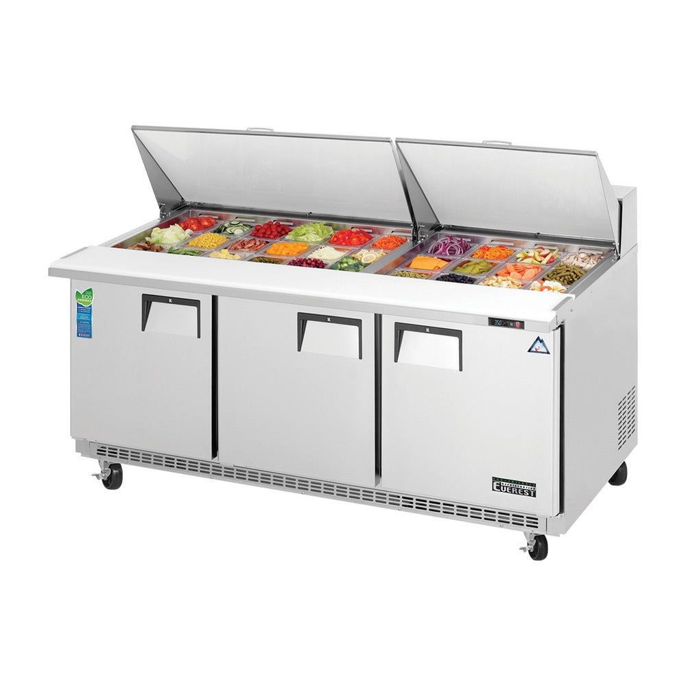 Everest 3 Solid Door Back Mount Stainless Steel Sandwich Prep Table, 71 1/2" (Mega Top), 19 cu. ft.