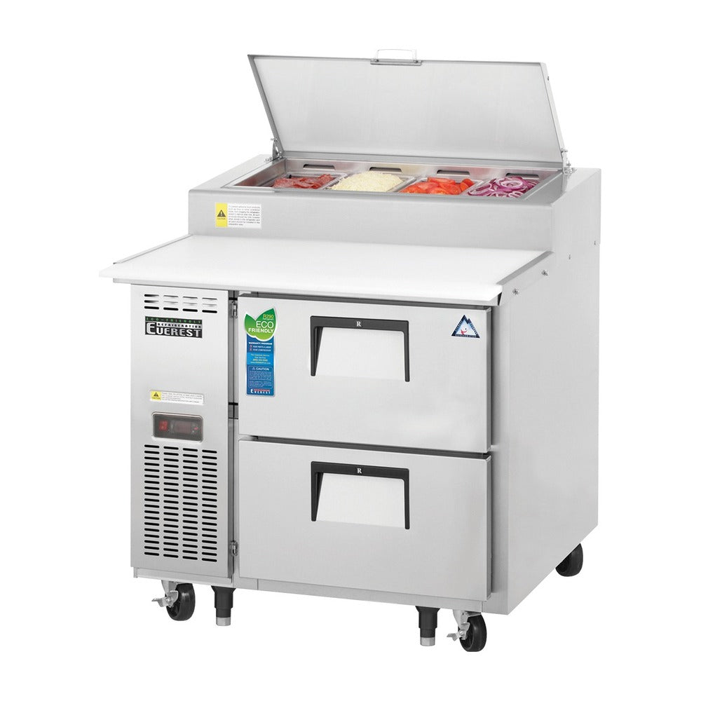 Everest 1 Section 2 Drawer Side Mount Stainless Steel Pizza Prep Table, 35 1/2", 9 cu. ft.