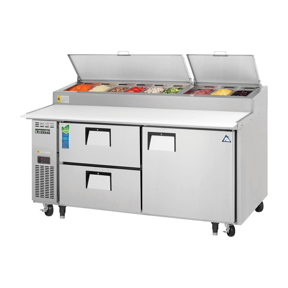 Everest 2 Section 1 Solid Door Side Mount Stainless Steel & 2 Drawer Combo Pizza Prep Table, 71 1/2", 23 cu. ft.