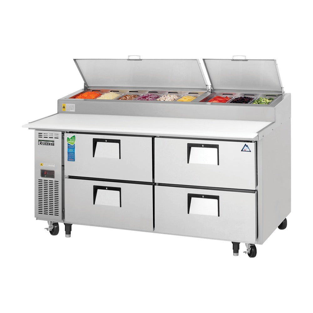 Everest 2 Section 4 Drawer Side Mount Stainless Steel Pizza Prep Table, 71 1/2", 23 cu. ft.