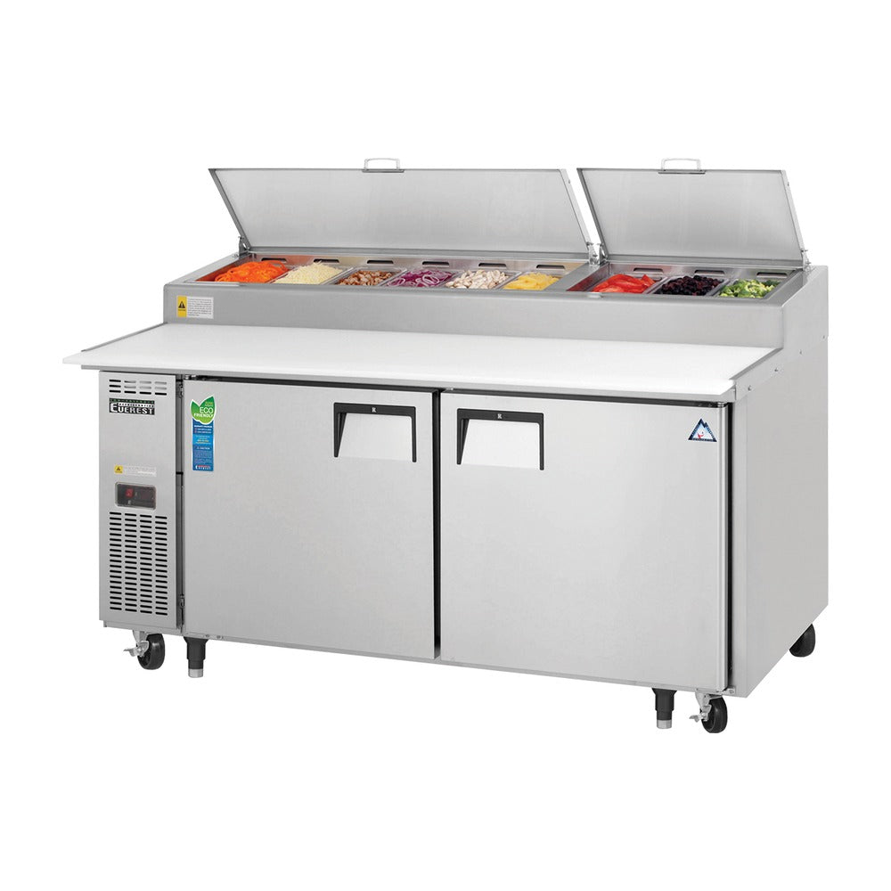Everest 2 Solid Door Side Mount Stainless Steel Pizza Prep Table, 71 1/2", 23 cu. ft.