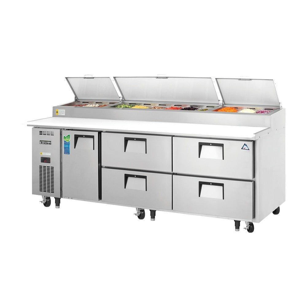 Everest 3 Section 1 Solid Door Side Mount Stainless Steel & 4 Drawer Combo Pizza Prep Tables, 93", 30 cu. ft.