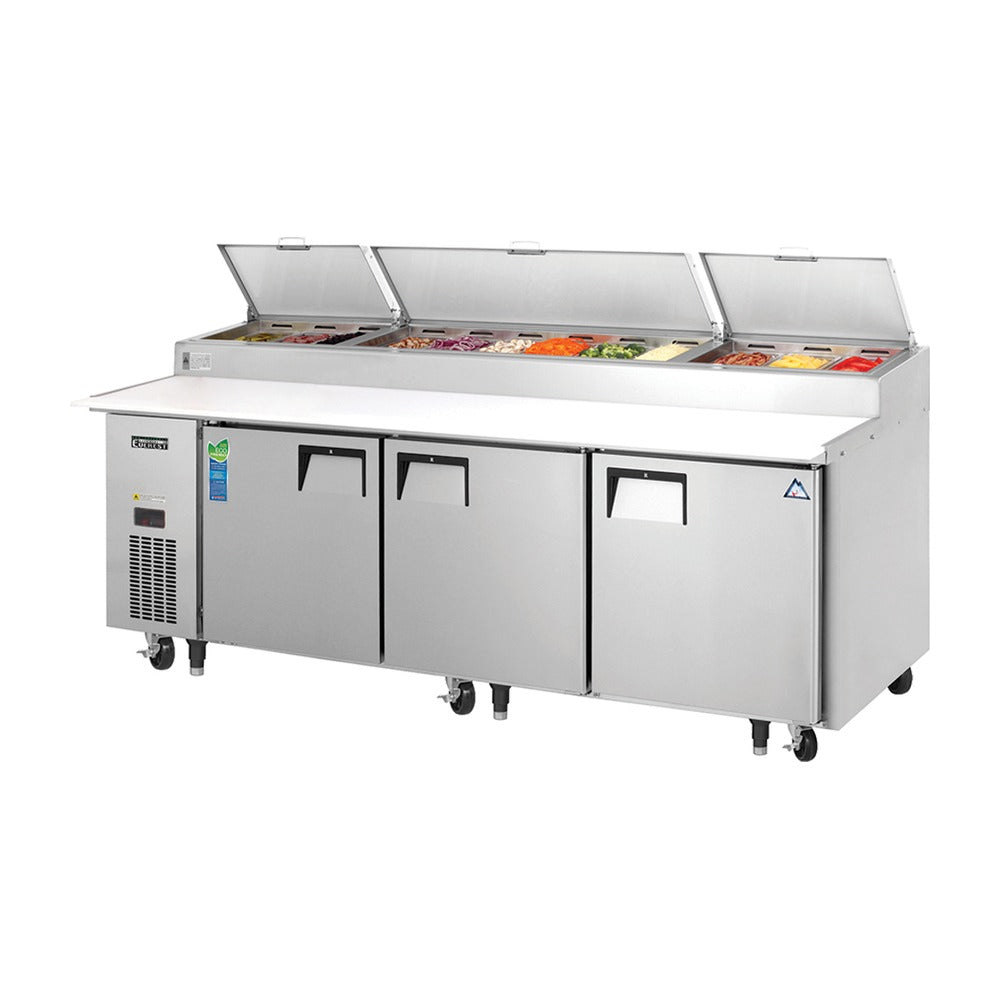 Everest 3 Solid Door Side Mount Stainless Steel Pizza Prep Table, 93", 30 cu. ft.