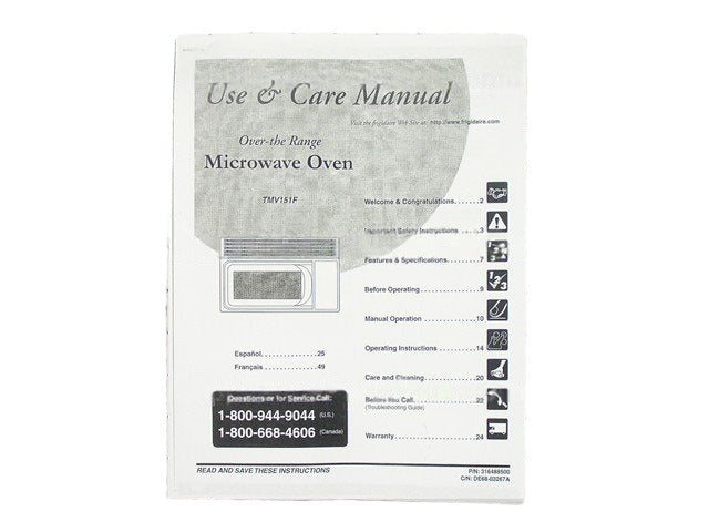 Frigidaire Microwave Owners Manual 316488500