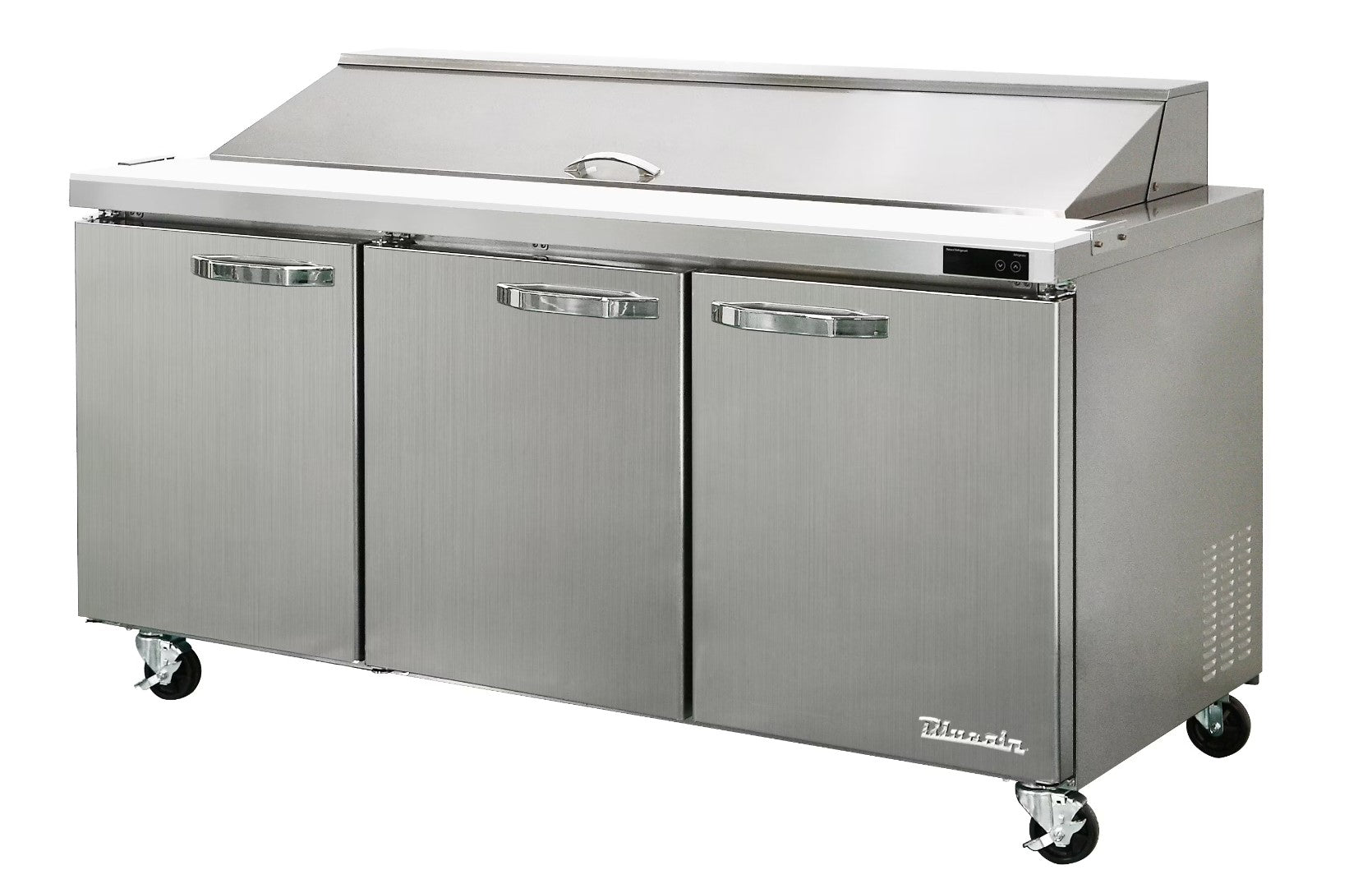 Blueair 3 Doors All Stainless Prep Table with (18) 1/6 Pans - 72" wide, 20 cu/ft., R-290 Refrigerant