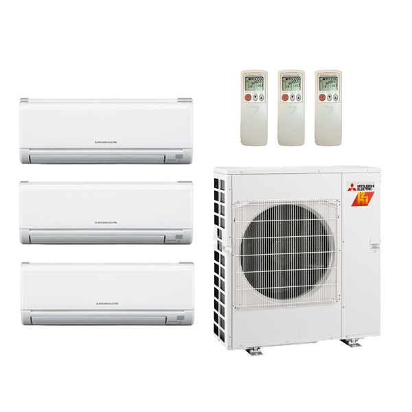 Mitsubishi 30,000 Btu 18 SEER 3-Zone Ductless Mini Split Heat Pump System - 6K-12K-12K