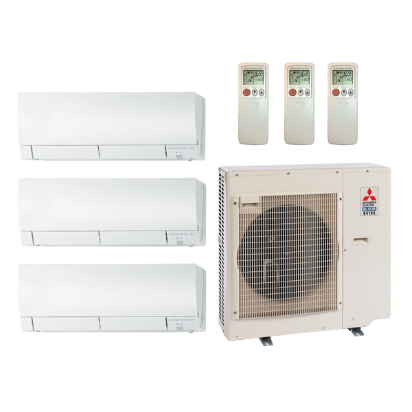 Mitsubishi 27,000 Btu 20 SEER2 Tri Zone Ductless Mini Split Heat Pump System - 9K-9K-9K