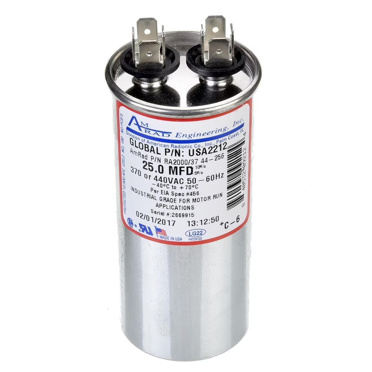 Amrad Single Round Capacitor - 25 uF, 440 VAC - USA2212